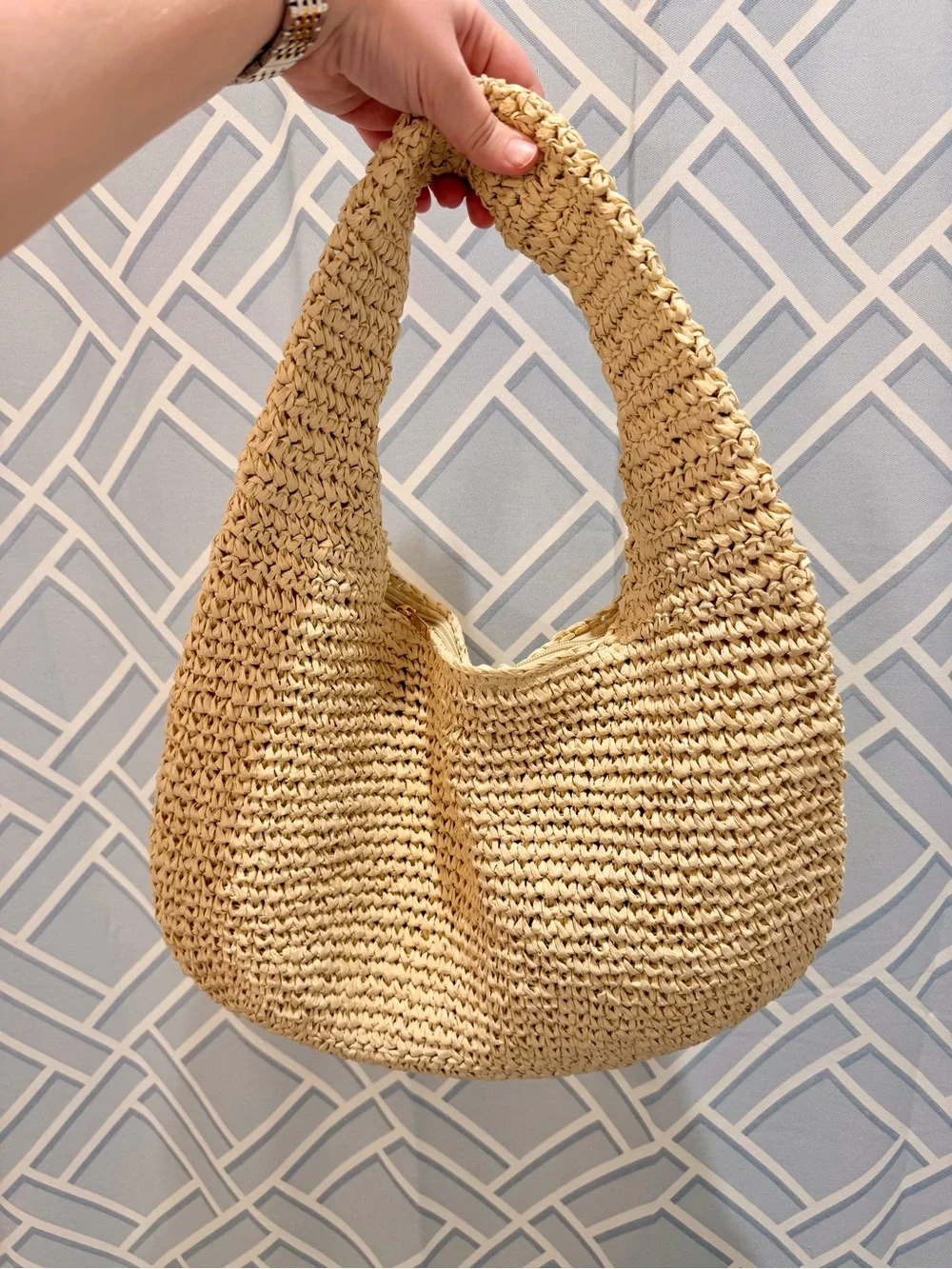 Woven Raffia Hobo Shoulder Bag - Half Moon Design Lightweight Zipper Closure